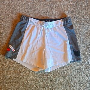 NIKE Women's White Athletic Shorts W/ Gray Stripe "Just Do It" Logo Size MEDIUM